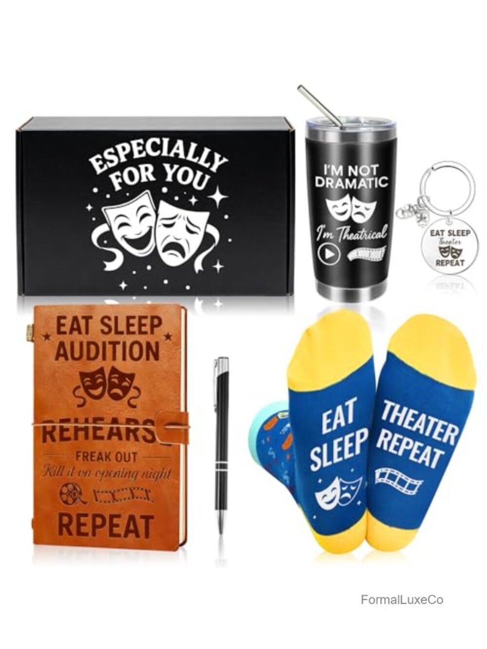 Theater Gifts Set Musical Theater Tumbler, Socks, Leather Journal, Pen &
